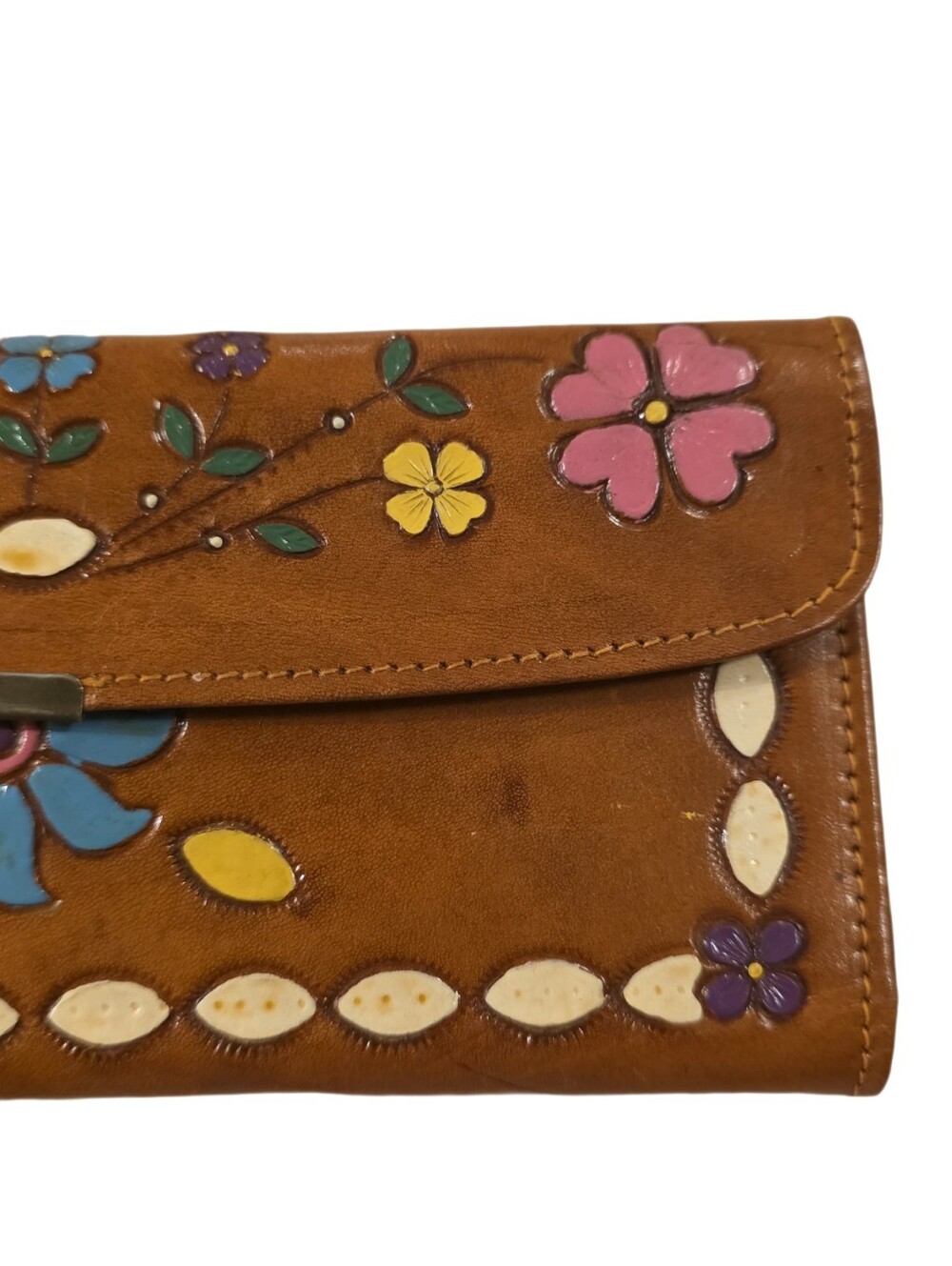 Vintage Brown Leather Wallet with Multicolor Floral Appliqué - Picture 8 of 14